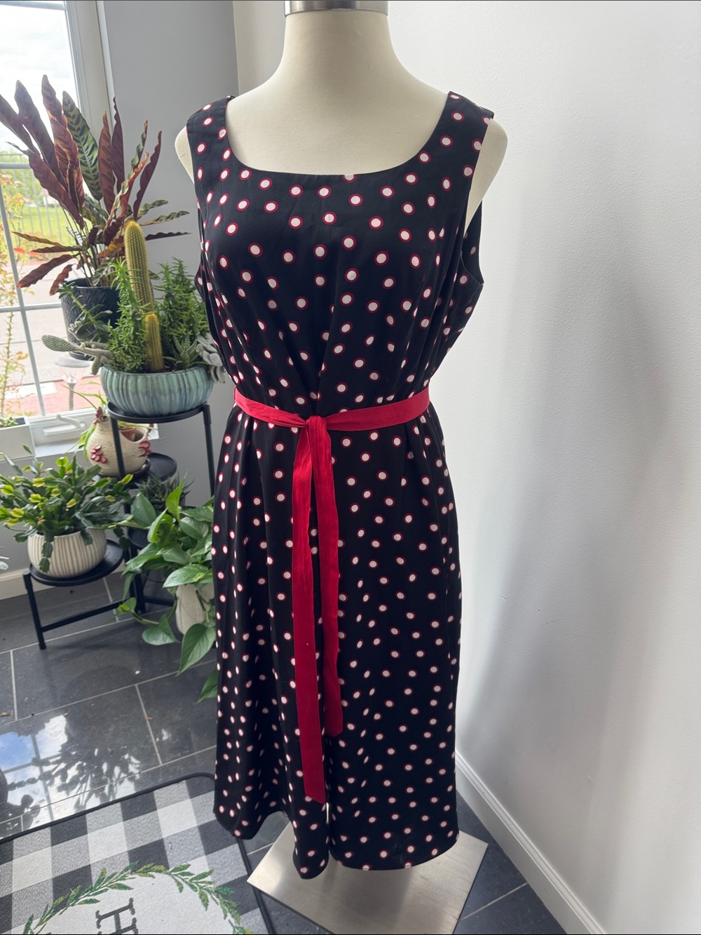 Studio I Black Dress with White Red Rim Polka Dots and Red Belt